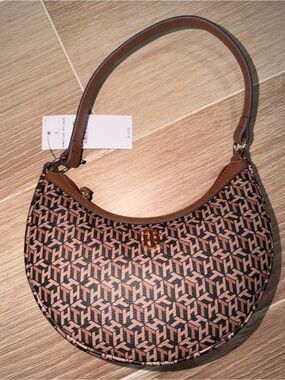 Tommy Hilfiger Brown & Cream Monogram Crescent Shoulder Bag